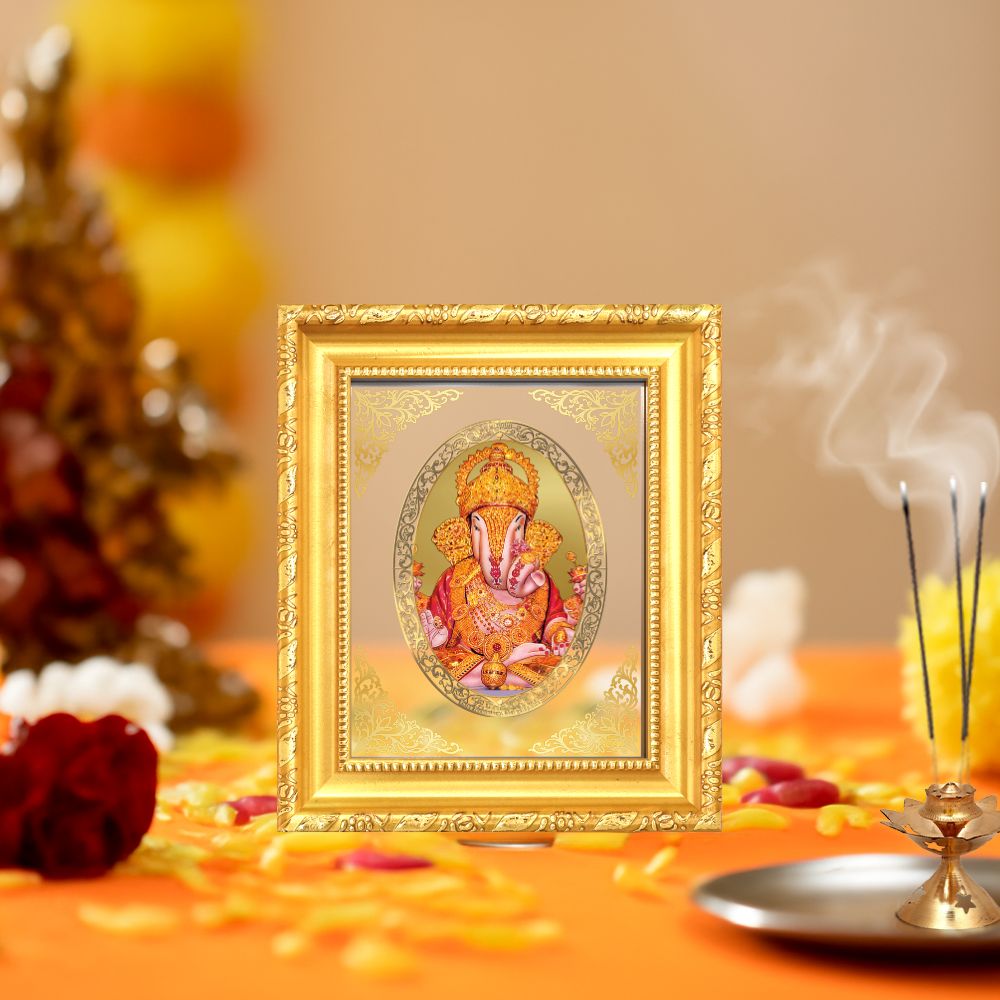 Dagdu Sheth Ganpati Divine Pune Sacred Prosperity & Blessings Royal Tabletop Frame in 24K Gold Plated Foil