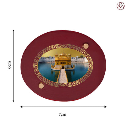 Sachkhand Shri Darbar Sahib Golden Temple Car Dashboard & Tabletop Photo Frame, 24K gold-plated, 7x6 cm, intricate design.
