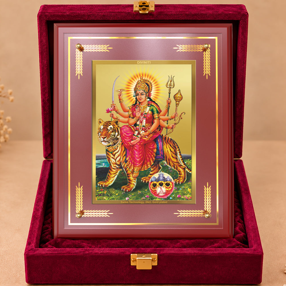 24K Gold-Plated Sherawali Mata with Pindi MDF Frame | Premium Gift Box | 27x35 CM
