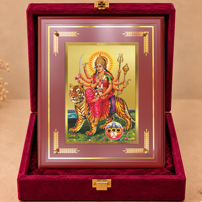 24K Gold-Plated Sherawali Mata with Pindi MDF Frame | Premium Gift Box | 27x35 CM