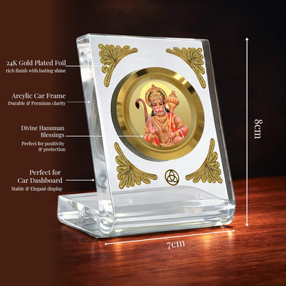 Hanuman with Blessings Diviniti Premium Gold on Gold Car Dashboard Frame with 24K gold plated foil in a crystal clear acrylic frame.