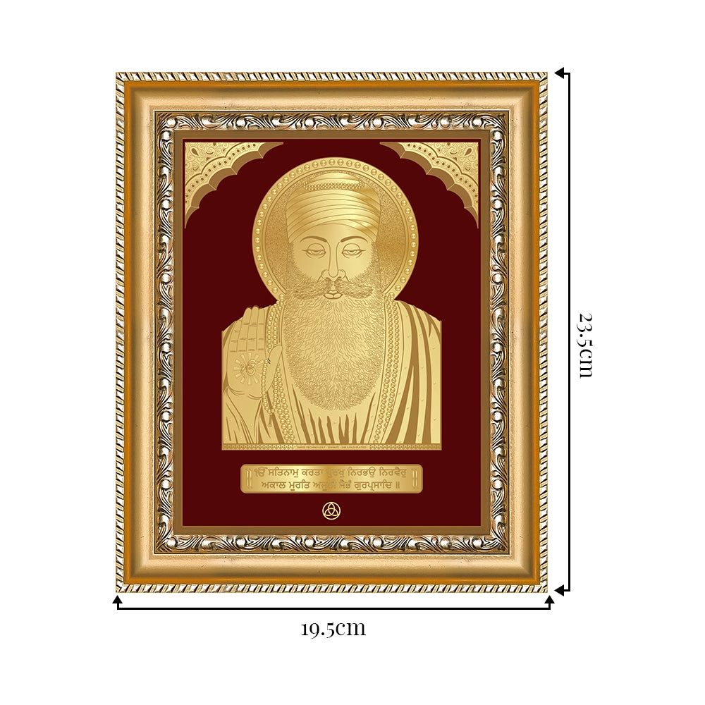 Guru Nanak Dev Ji Photo Frame in 24k gold plated foil showing dimensions