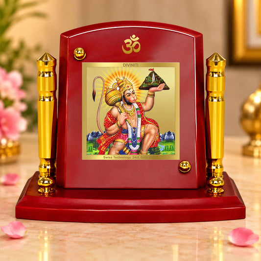 24K Gold-Plated Hanuman Carrying Sanjeevani Mountain MDF Car Dashboard Frame | 7.5x9 CM