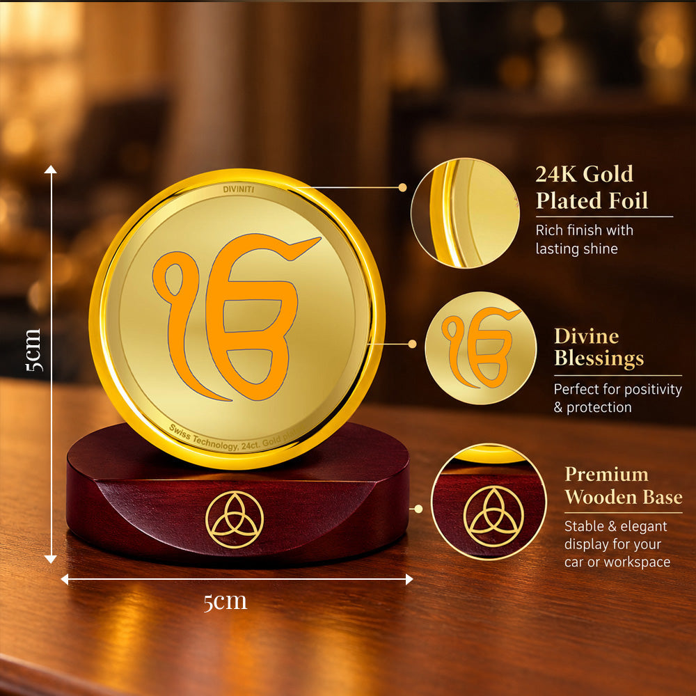 24K Gold-Plated Ik Onkar Car Dashboard Frame | 5x5 CM
