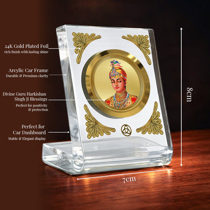 Guru Harkrishan Sahib Ji Diviniti Premium Gold on Gold Car Dashboard Frame with 24K gold plated foil in a crystal clear acrylic frame.