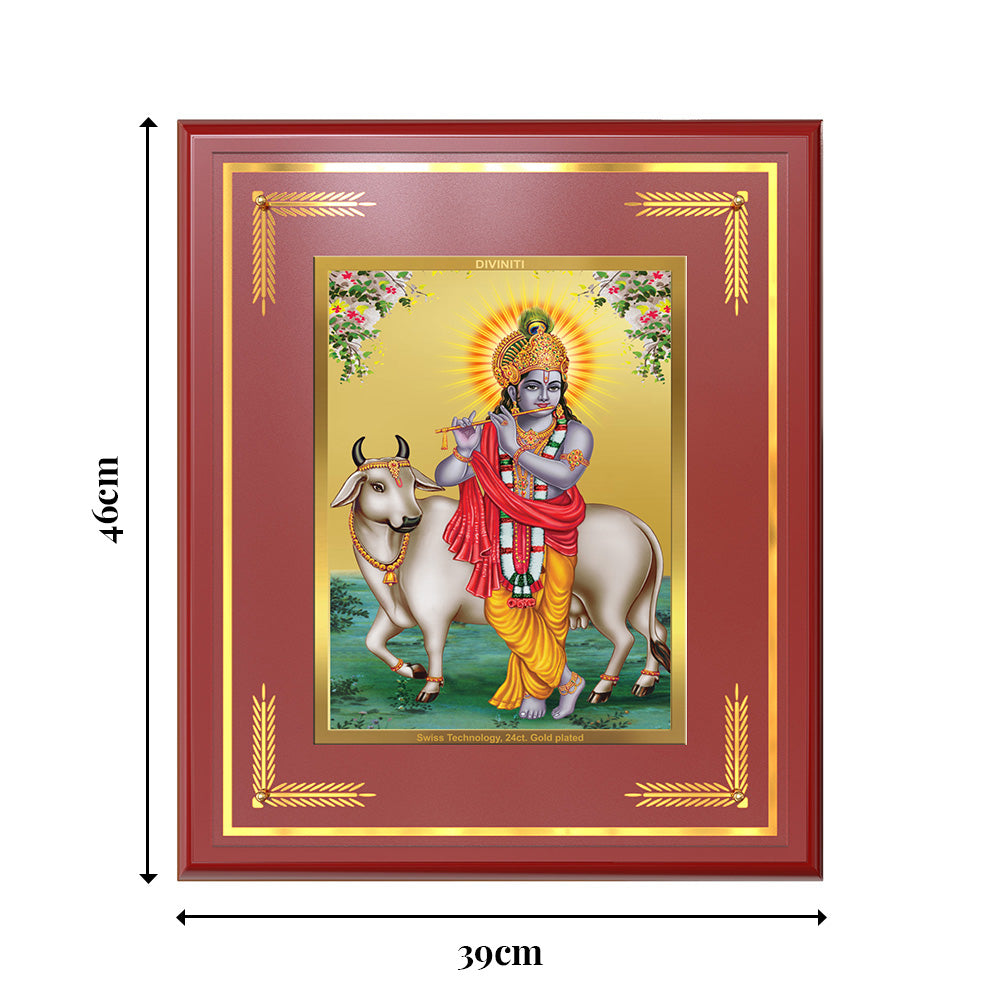 Lord Krishna with Surbhi Cow | Divine Wall Mount Photo Frame in 24K Gold Plated Foil
