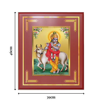 Lord Krishna with Surbhi Cow | Divine Wall Mount Photo Frame in 24K Gold Plated Foil