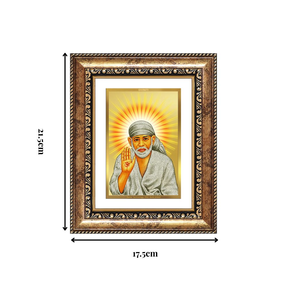 Diviniti 24K Gold Plated Sai Baba With Blessings (Classic) Divine Wall and Table Top Frame for Home Mandir & Office Decor | Luxury Spiritual Gift