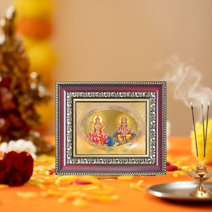 Goddess Lakshmi & Lord Ganesha Divine Wealth & Success Sacred Royal Tabletop Frame in 24K Gold Plated Foil