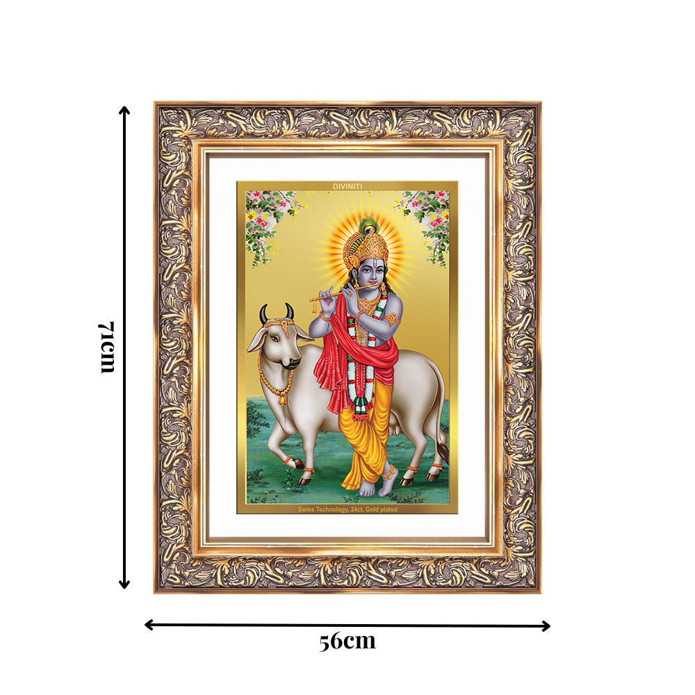 Diviniti 24K Gold Plated Krishna With Surbhi Cow (Classic) Divine Wall Frame for Home Mandir & Office Decor | Luxury Spiritual Gift