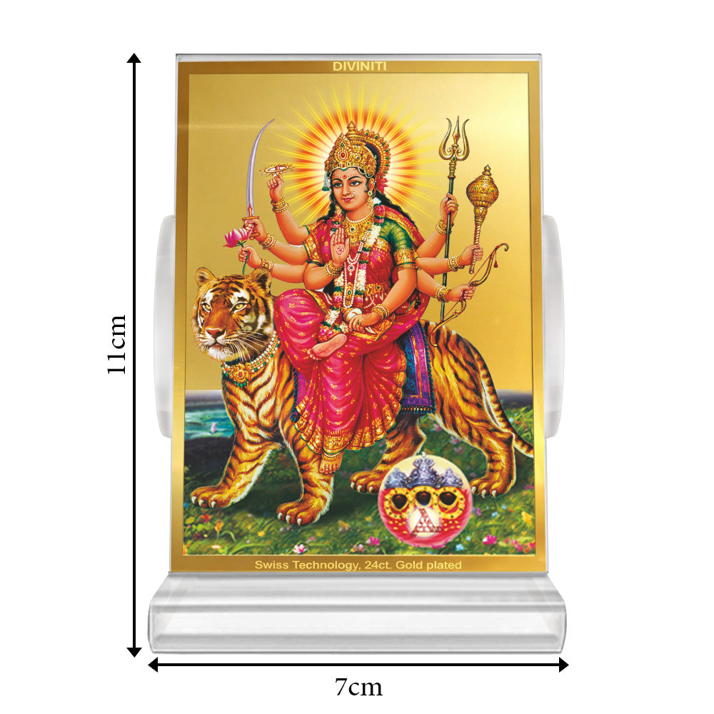 Durga Sherawali Mata with Pind | Divine Goddess Durga Car Dashboard & Tabletop Photo Frame in 24K Gold Plated Foil