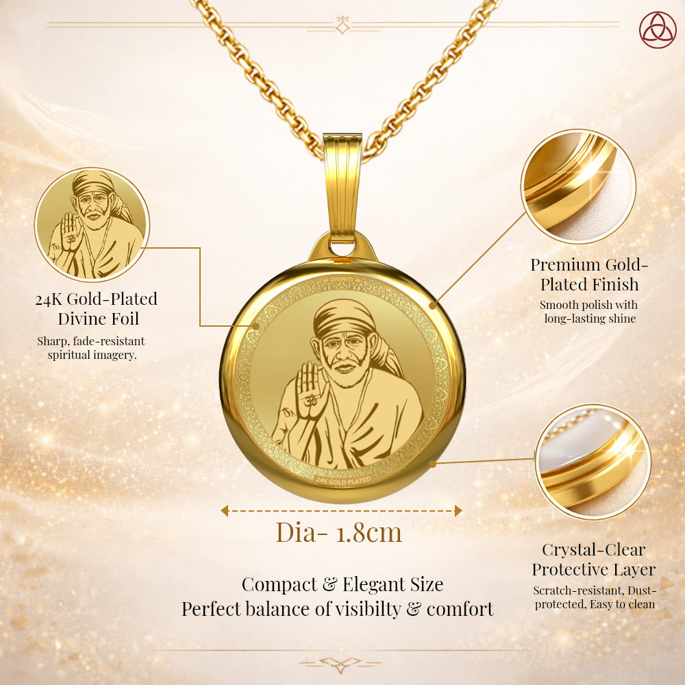 DIVINITI 24K Gold Plated Sai Baba & Sacred Yantra Pendant – 18mm Double-Sided Spiritual Pendant