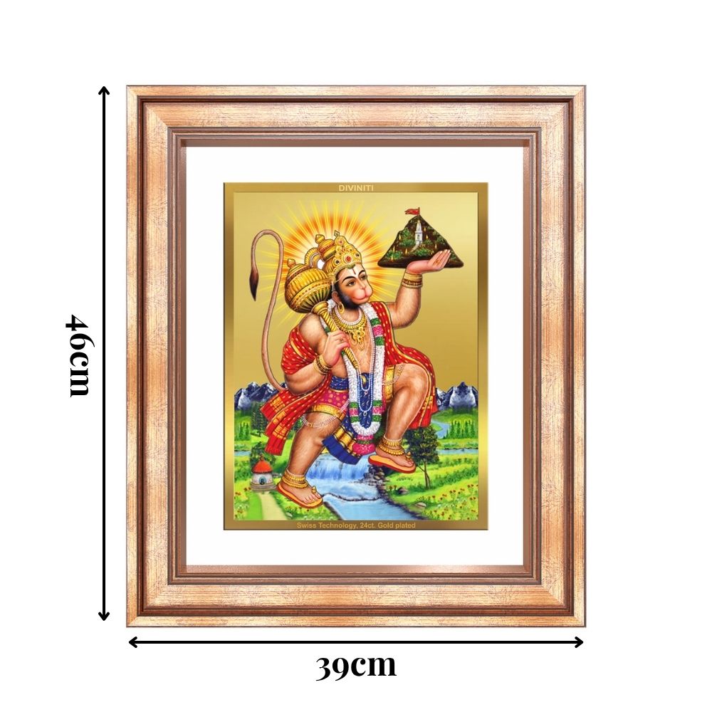 Diviniti 24K Gold Plated Hanuman With Mountain (Classic) Divine Wall Frame for Home Mandir & Office Decor | Luxury Spiritual Gift