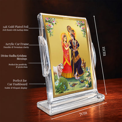 24K Gold-Plated Radha Krishna with Cow Acrylic Car Dashboard Frame | 11x7 CM