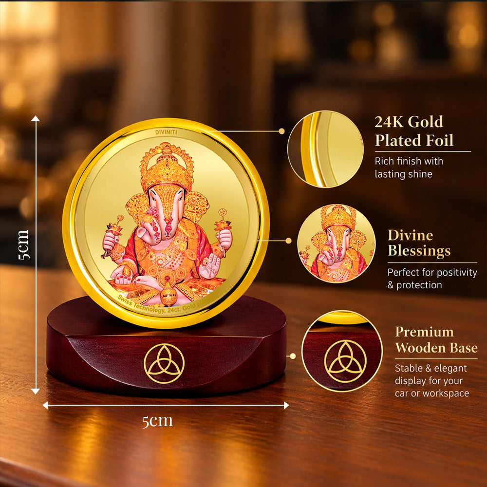 24K Gold-Plated Dagdu Ganesh Car Dashboard Frame | 5x5 CM