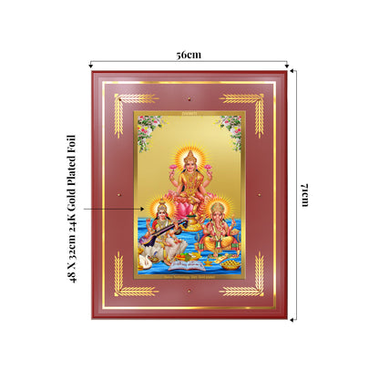 Goddess Lakshmi, Saraswati & Lord Ganesha | Divine Trio Wall Mount Photo Frame in 24K Gold Plated Foil
