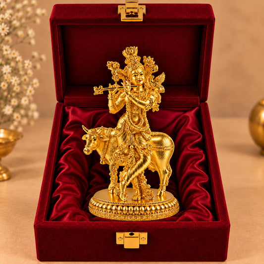 24K Gold-Plated Lord Krishna with Cow Idol | Premium Gift Box | 26x15 CM