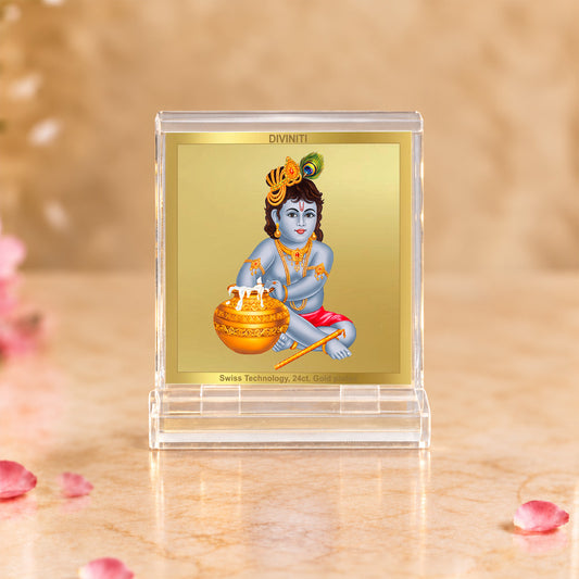 24K Gold-Plated Bal Gopal Acrylic Car Dashboard Frame | 6x5 CM