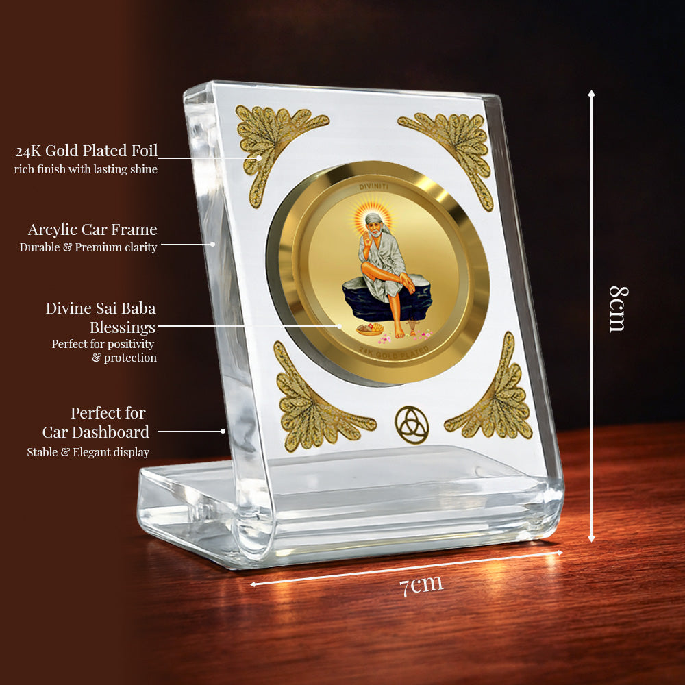 Diviniti 24K Gold Plated Sai Baba Acrylic Car Dashboard Frame | Shirdi Sai Baba for Car, Home Décor, Tabletop & Puja Room | Blessings of Faith, Peace & Protection (ACF1CH)
