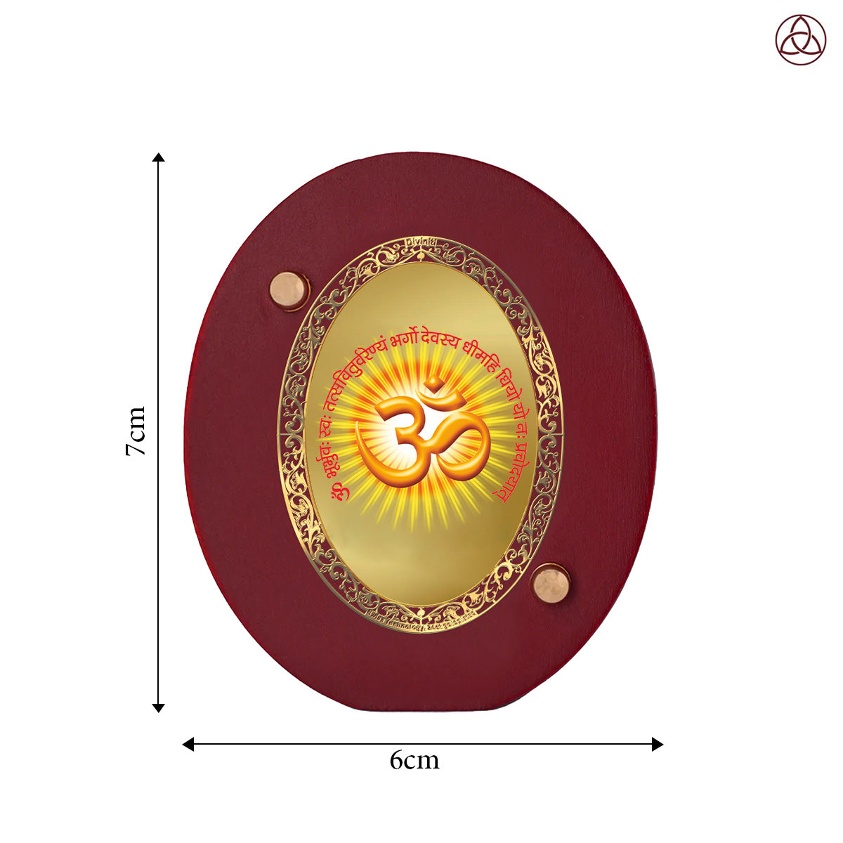 Om & Gayatri Mantra Car Dashboard & Tabletop Photo Frame, 24K gold-plated, 7x6 cm, intricate design.