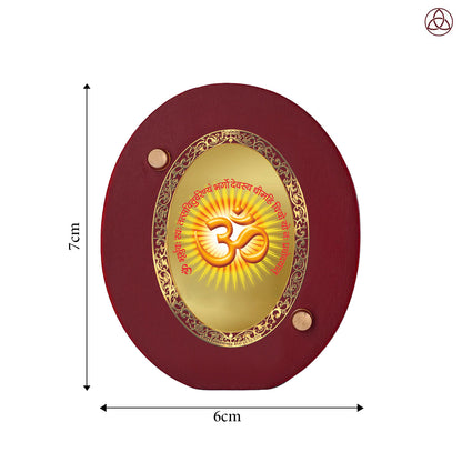 Om & Gayatri Mantra Car Dashboard & Tabletop Photo Frame, 24K gold-plated, 7x6 cm, intricate design.