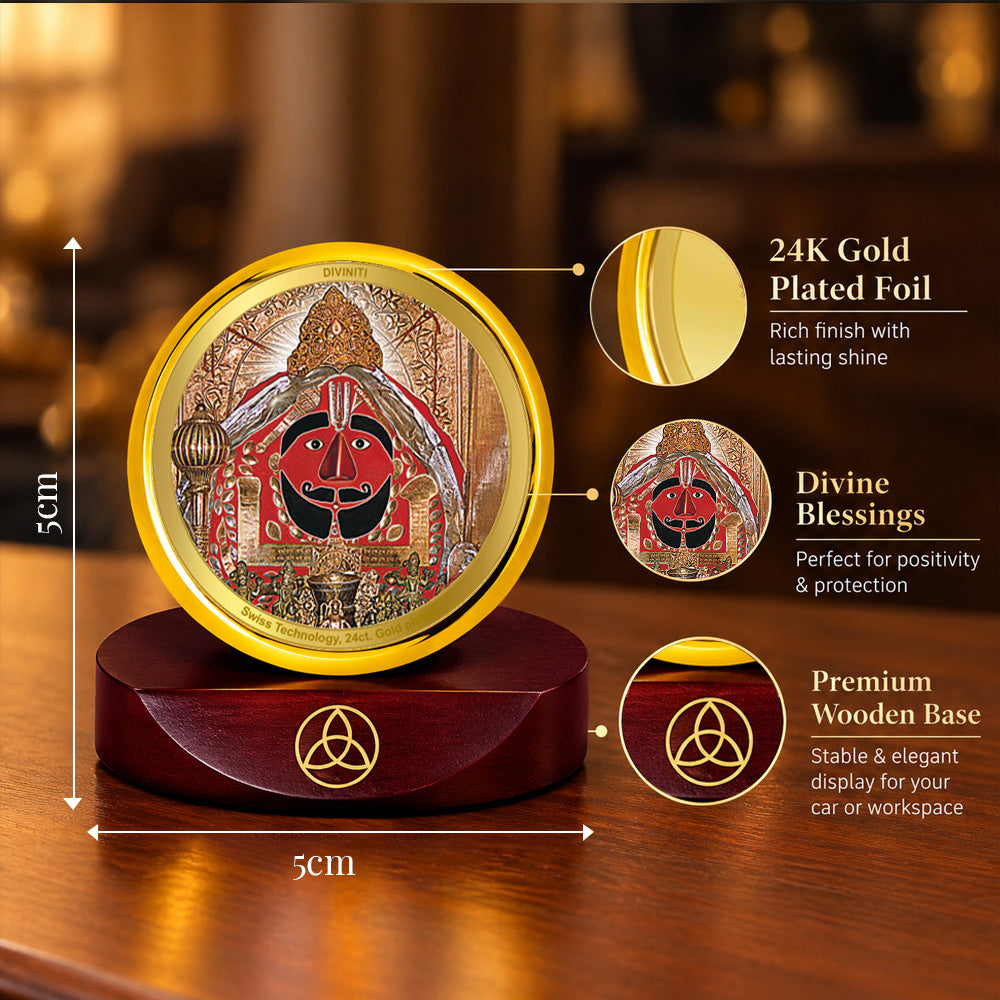 24K Gold-Plated Salasar Balaji Car Dashboard Frame | 5x5 CM
