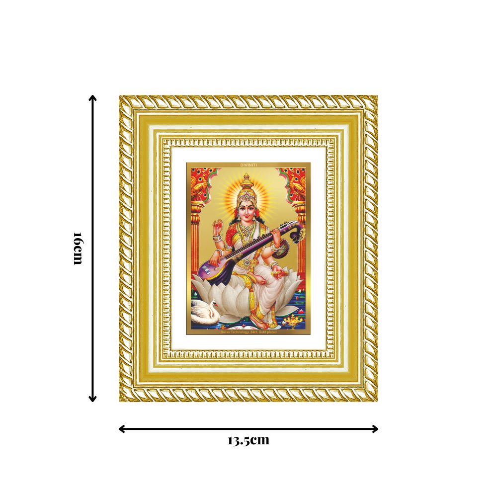 Diviniti 24K Gold Plated Saraswati Mata Divine Table Top Frame for Home Mandir & Office Decor | Luxury Spiritual Gift