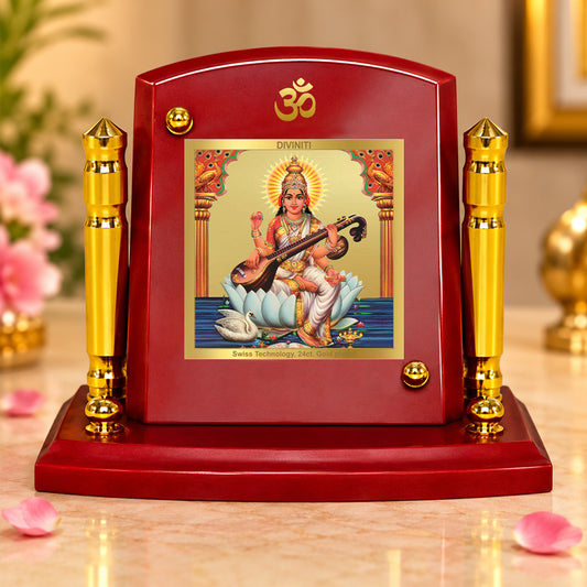 24K Gold-Plated Goddess Saraswati MDF Car Dashboard Frame | 7.5x9 CM