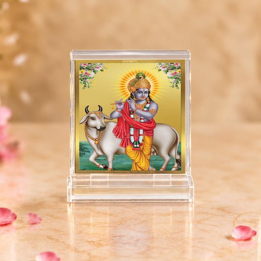24K Gold-Plated Krishna with Surbhi Cow Acrylic Car Dashboard Frame | 6x5 CM
