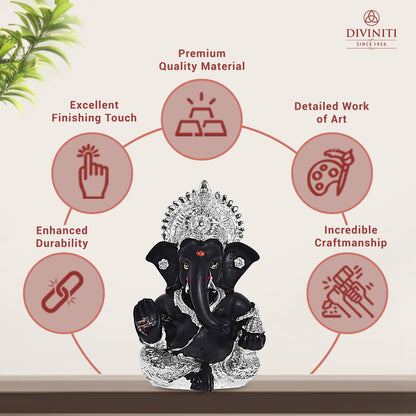 Diviniti 999 Silver Plated Resin Lord Ganesha Idol for Car Dashboard Tabletop for Home Decor Mandir Puja Gift Black (8.4x4.2cm)