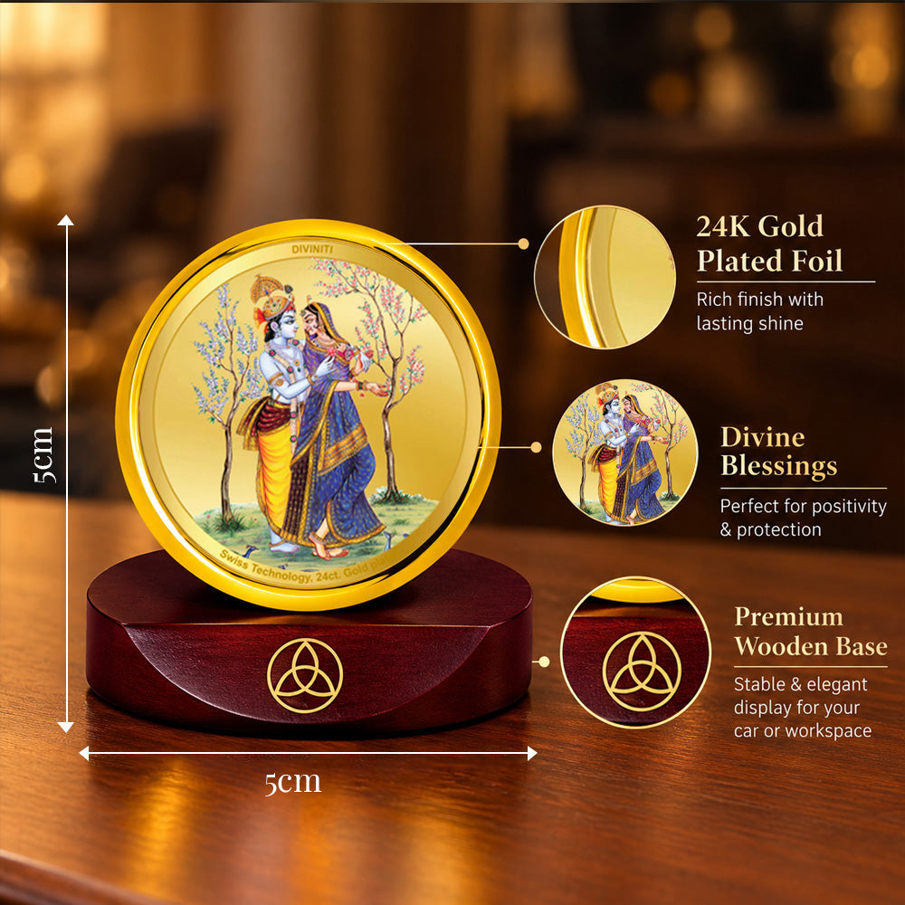 24K Gold-Plated Radha Krishna With Peacock Car Dashboard Frame | 5x5 CM