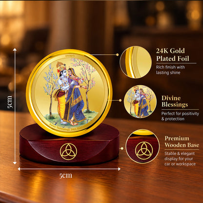 24K Gold-Plated Radha Krishna With Peacock Car Dashboard Frame | 5x5 CM