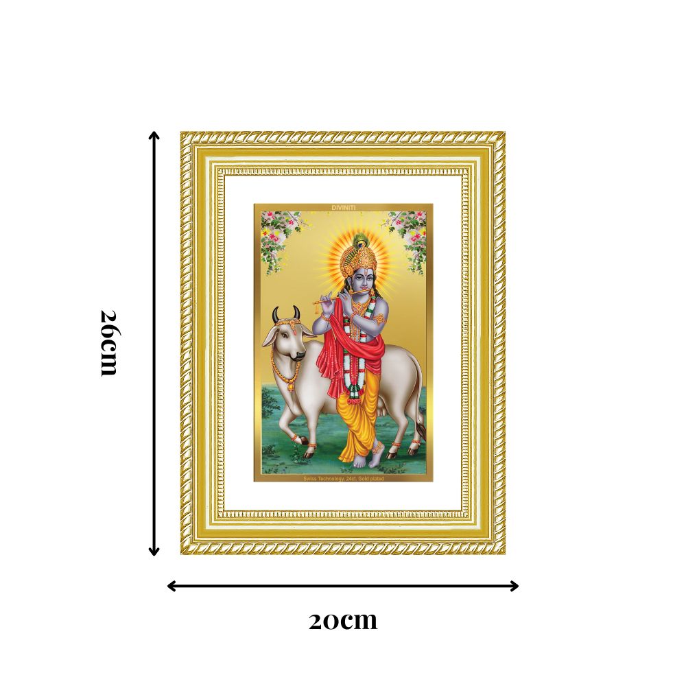 Diviniti 24K Gold Plated Krishna With Surbhi Cow (Classic) Divine Wall Frame for Home Mandir & Office Decor | Luxury Spiritual Gift