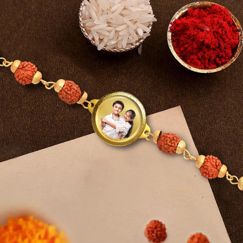 Gold Rakshi Personalized Rudraksha Rakhi with 22MM 24K Gold Plated Foil Divine Rak ...