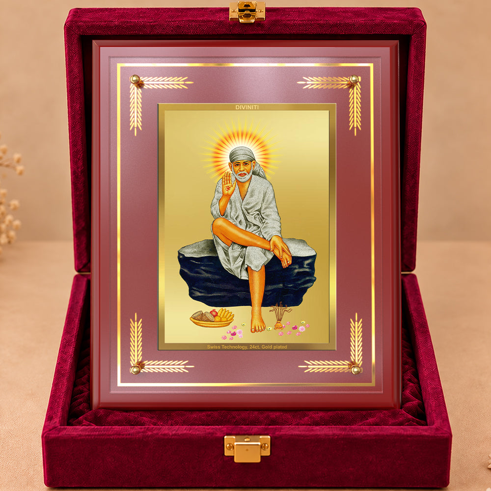 24K Gold-Plated Sai Baba MDF Frame | Premium Gift Box | 27x35 CM