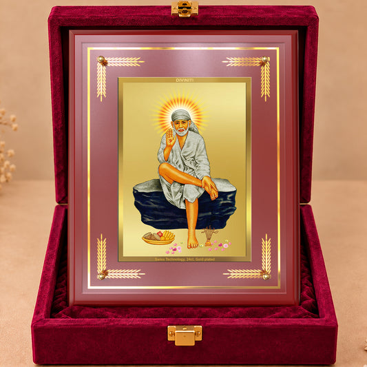 24K Gold-Plated Sai Baba MDF Frame | Premium Gift Box | 27x35 CM