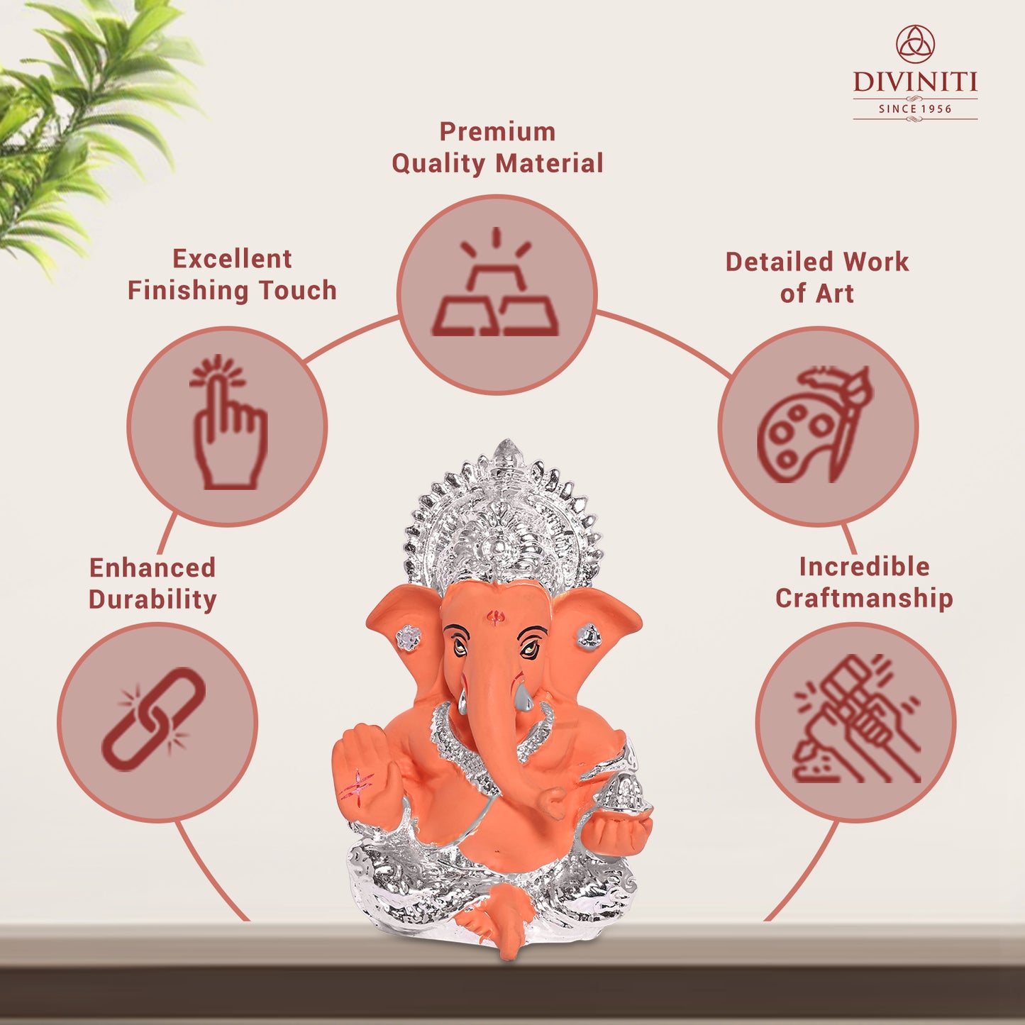 Diviniti 999 Silver Plated Lord Ganesha Idol for Car DashboardTabletop For Home Decor Mandir Puja Gift Terracotta Orange (8.4x4.2cm)
