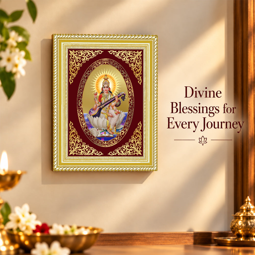 24K Gold-Plated Saraswati Mata Frame | Premium Gift Box | 26x20 CM