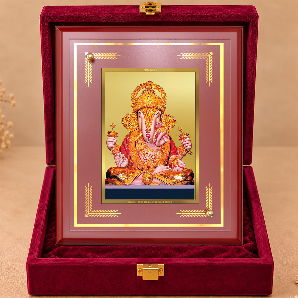 24K Gold-Plated Ganesha Dagadu Ganesha MDF Frame | Premium Gift Box | 26x20 CM