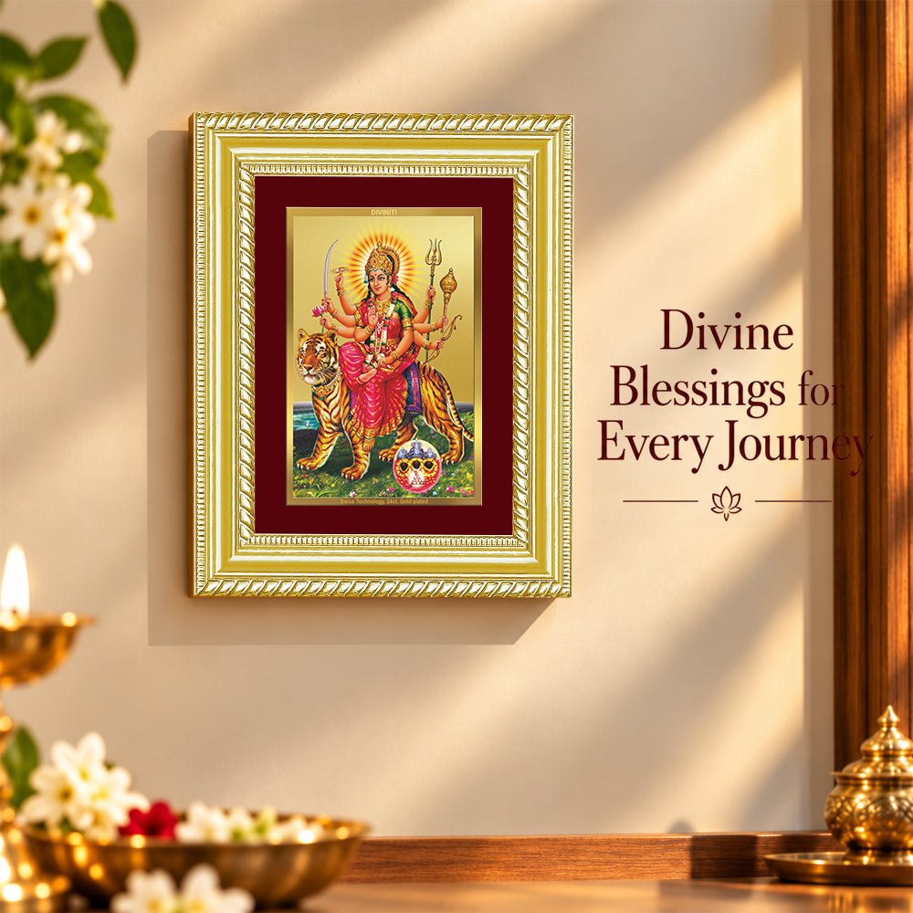 24K Gold-Plated Sherawali Mata with Pindi Frame | Premium Gift Box | 21.5x17.5 CM