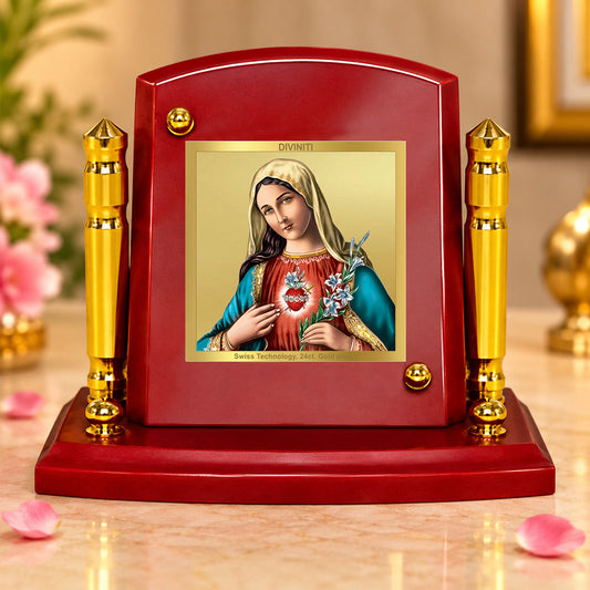 24K Gold-Plated Mother Mary MDF Car Dashboard Frame | 7.5x9 CM