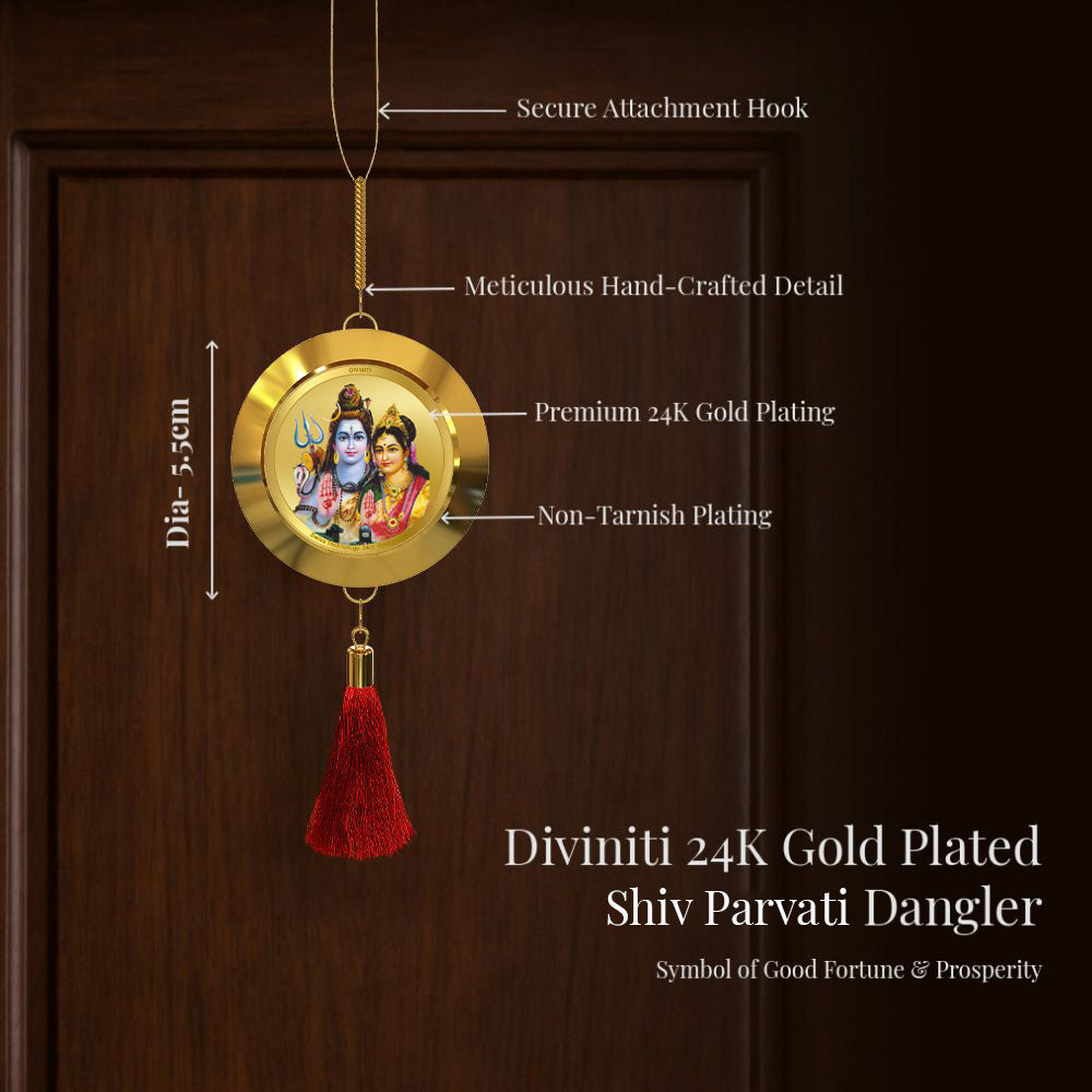 Diviniti 24K Gold Plated Double-Sided Shiv Parvati & Om Car Dangler (5.5 cm) | Divine Hanging Car Decor for Love, Protection, Positive Energy & Spiritual Blessings