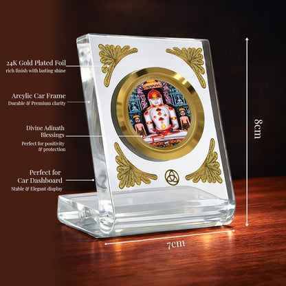 Diviniti 24K Gold Plated Lord Adinath acrylic frame for car dashboard, promoting peace and prosperity.