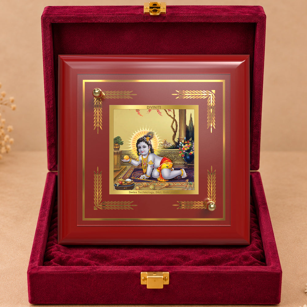 24K Gold-Plated Laddu Gopal MDF Frame | Premium Gift Box | 10x10 CM