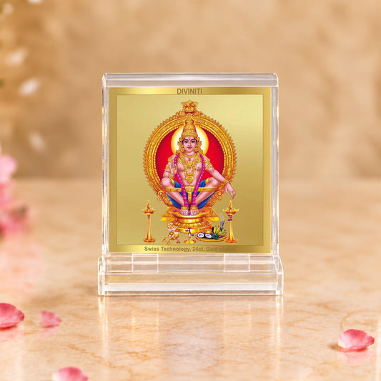 24K Gold-Plated Lord Ayyappan Acrylic Car Dashboard Frame | 6x5 CM