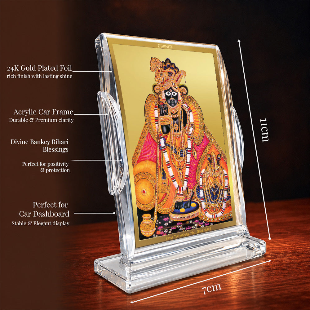 24K Gold-Plated Banke Bihari Ji Acrylic Car Dashboard Frame | 11x7 CM