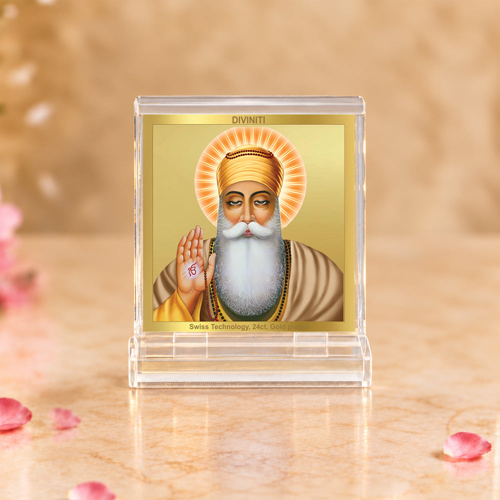 24K Gold-Plated Guru Nanak Dev Ji Acrylic Car Dashboard Frame | 6x5 CM
