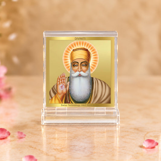 24K Gold-Plated Guru Nanak Dev Ji Acrylic Car Dashboard Frame | 6x5 CM
