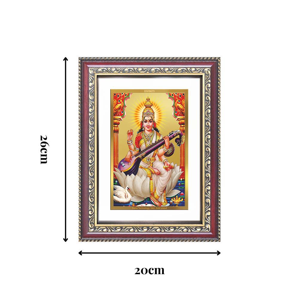 Diviniti 24K Gold Plated Saraswati Mata (Classic) Divine Wall Frame for Home Mandir & Office Decor | Luxury Spiritual Gift