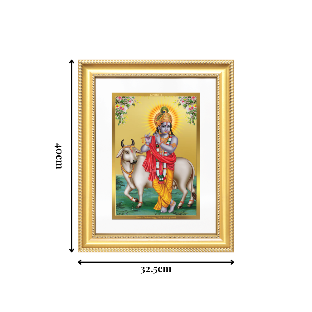Diviniti 24K Gold Plated Krishna With Surbhi Cow (Classic) Divine Wall Frame for Home Mandir & Office Decor | Luxury Spiritual Gift